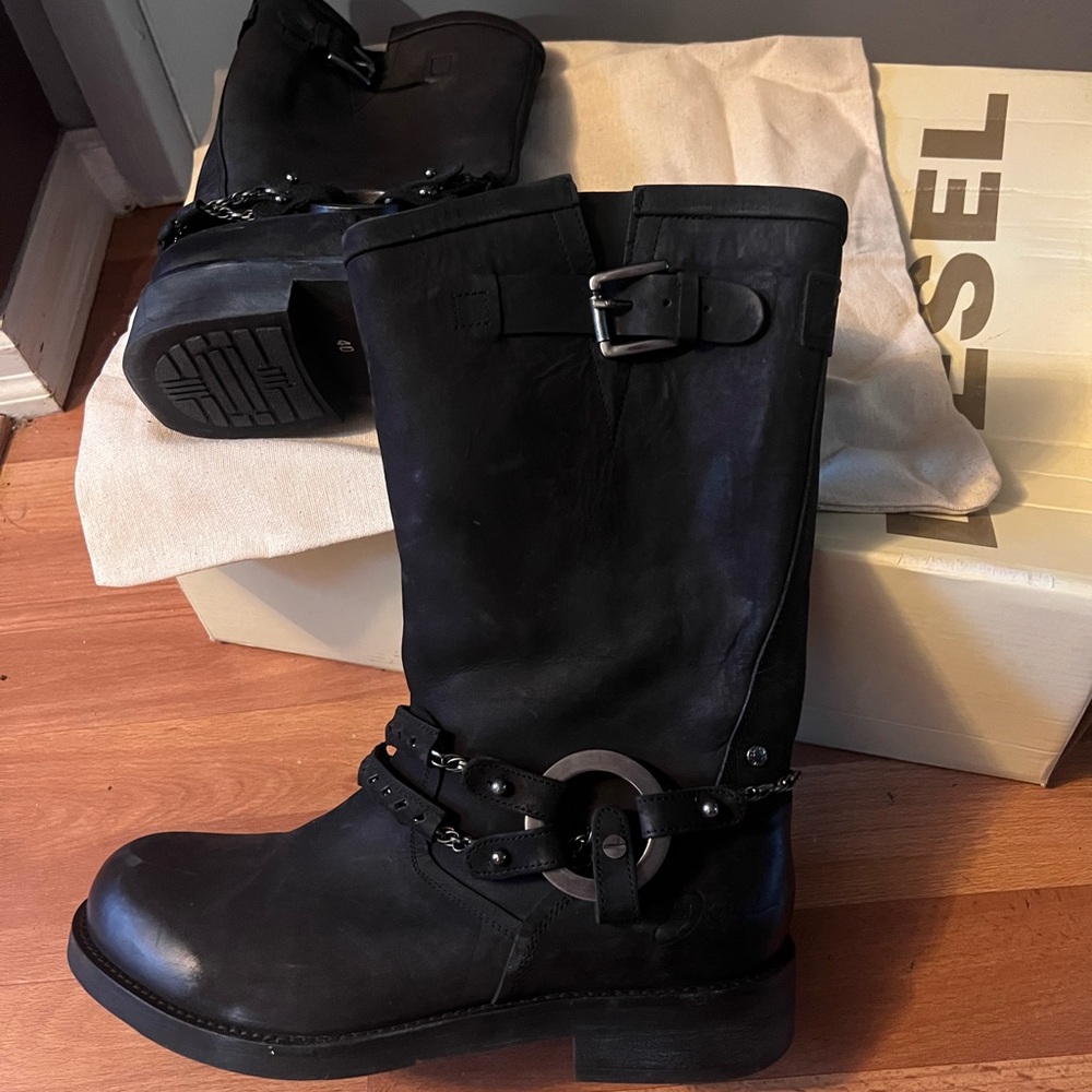 Vintage Diesel Black Moto Boots with Harness Detail